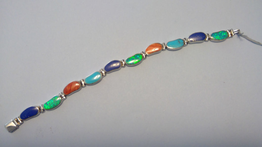 Opal, Turquoise and Spiny Oyster Sterling Silver Bracelet