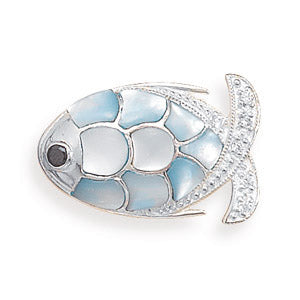 Blue Mother of Pearl with Clear & Black CZ Fish Pin