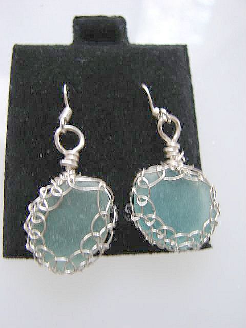 Pale Blue Sea Glass in Netted Bezel Earrings