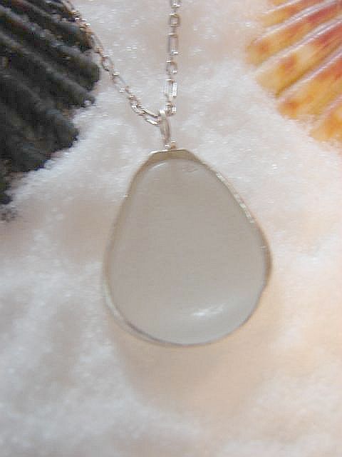 Icy White Sea Glass in Silver Bezel Pendant