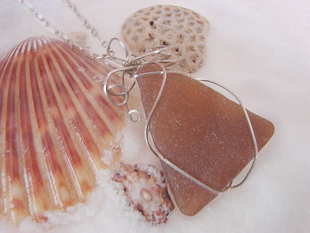 Brown Triangle Sea Glass Pendant with Wrap
