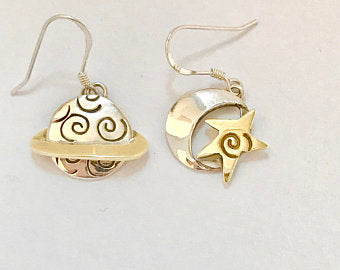 Moon & Saturn French Wire Silver & Brass Earrings