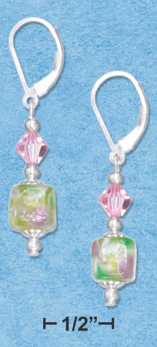 Lime Green Glass Cube Earrings with Rose Crystals