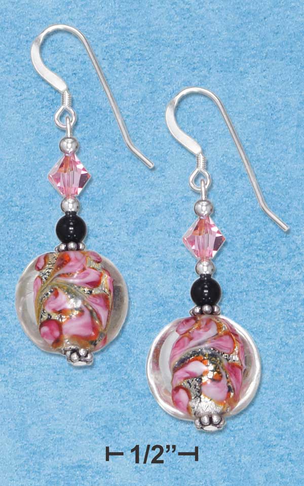 Rose Foil Glass Bead with Onyx & Crystal Earrings