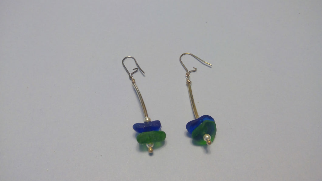 Blue & Emerald Green Stacked Sea Glass Earrings