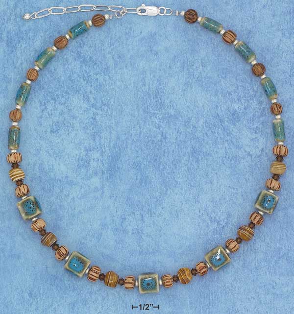 Blue Glass Beads, Wood & Austrian Crystals Necklace