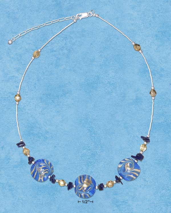 Blue Glass Foil Beads & Lapis Chips Necklace